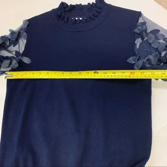 WILD Flower navy Leaf Mesh Sleeves Jumper Sz XS - Picture 11 of 12